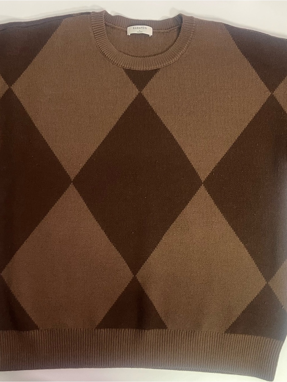 Babaton Two-Tone Brown Argyle Crewneck Sweater